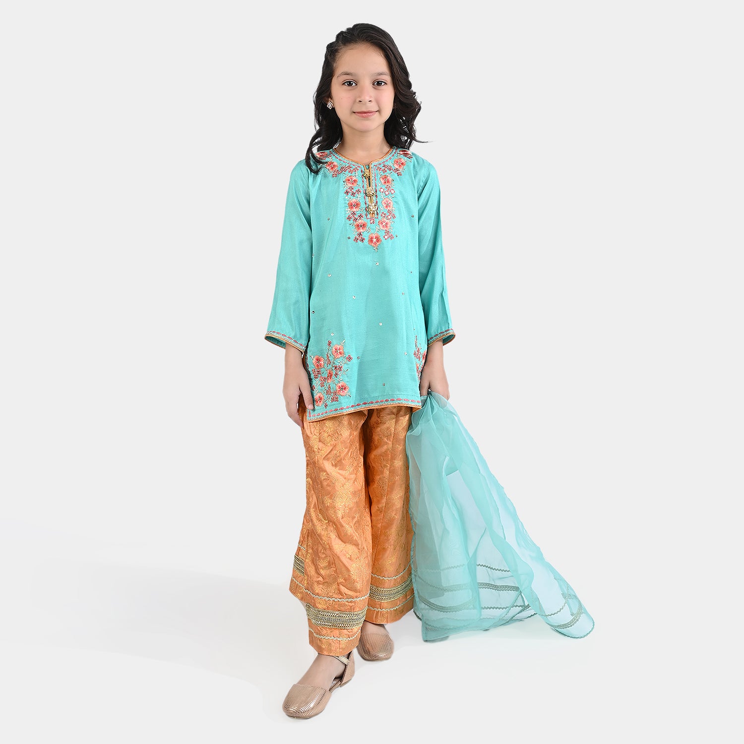 Girls Raw Silk 3PC Suit Raqs-e-Bahar-Aqua Green