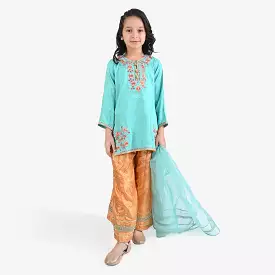 Girls Raw Silk 3PC Suit Raqs-e-Bahar-Aqua Green