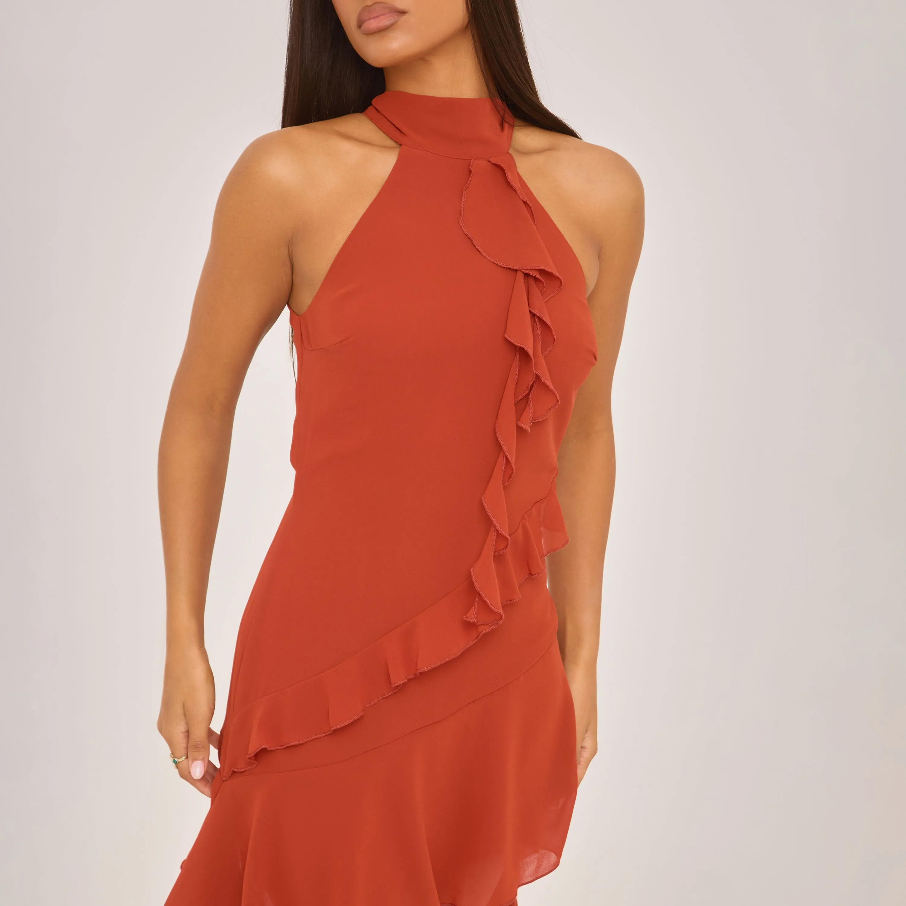 High Neck Frill Detail Mini Dress In Orange