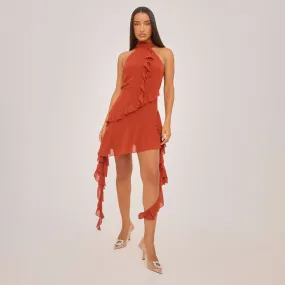 High Neck Frill Detail Mini Dress In Orange