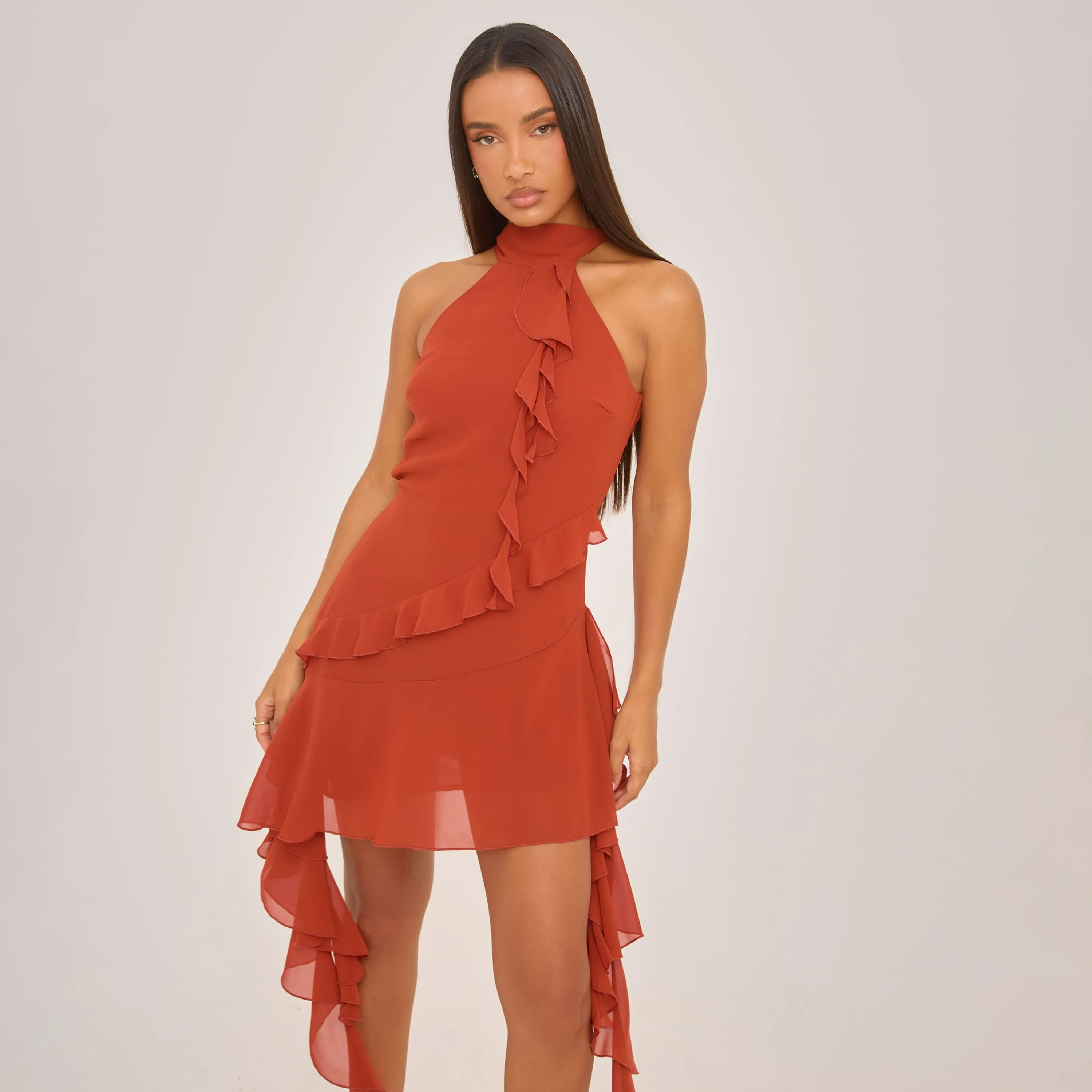 High Neck Frill Detail Mini Dress In Orange