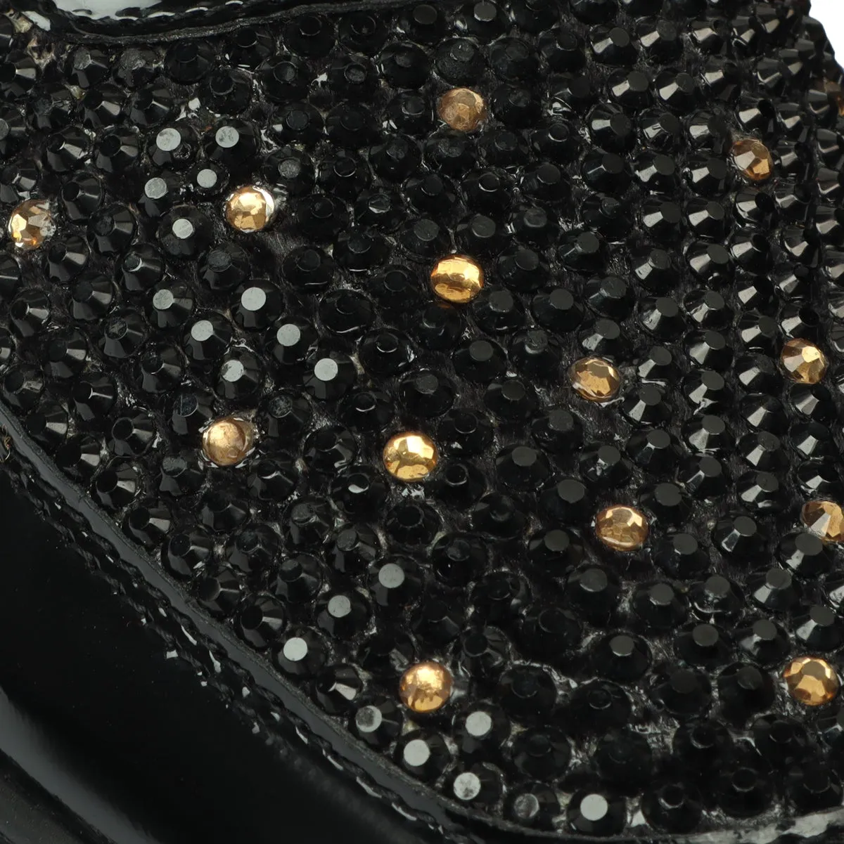 High Top Patent Leather Sneakers in Black and Golden Rhinestone Beads Zardosi with Golden Stud