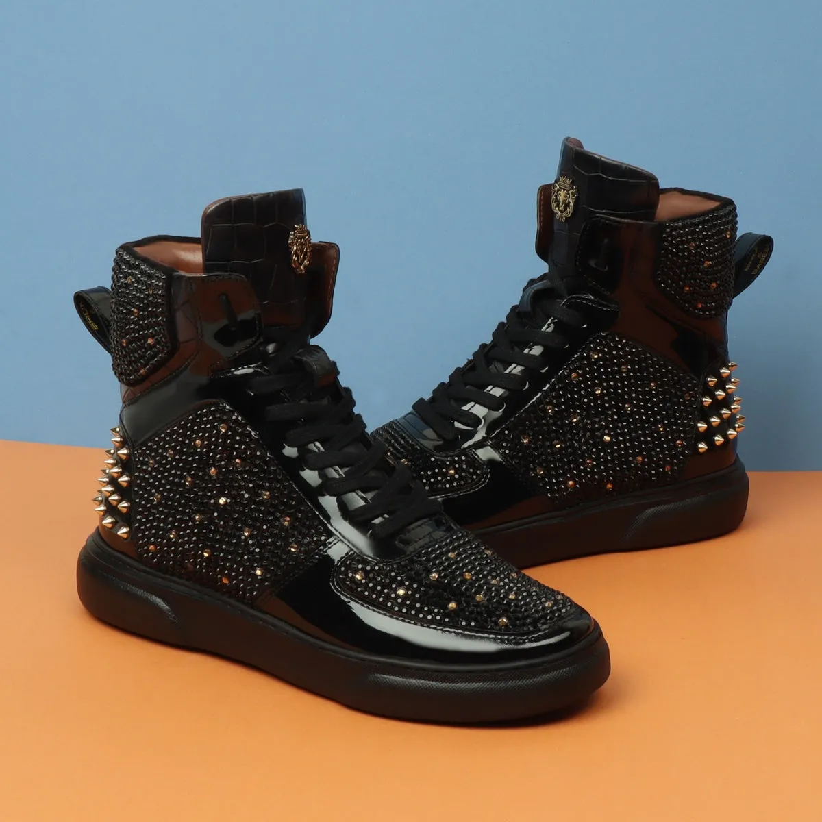 High Top Patent Leather Sneakers in Black and Golden Rhinestone Beads Zardosi with Golden Stud