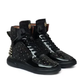 High Top Patent Leather Sneakers in Black and Golden Rhinestone Beads Zardosi with Golden Stud