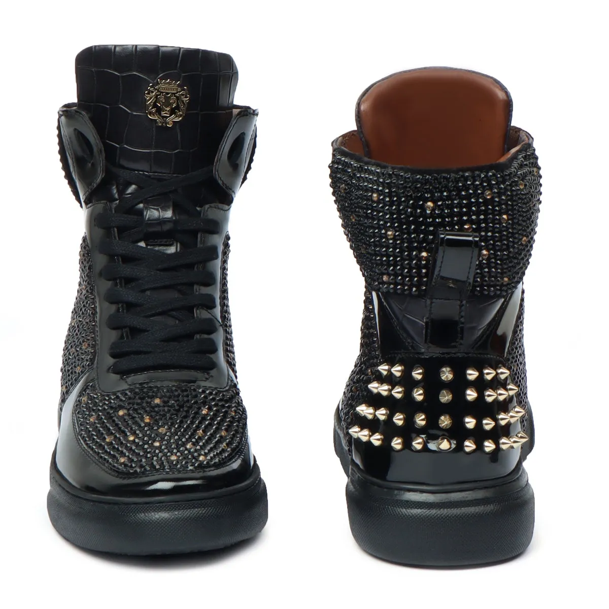 High Top Patent Leather Sneakers in Black and Golden Rhinestone Beads Zardosi with Golden Stud