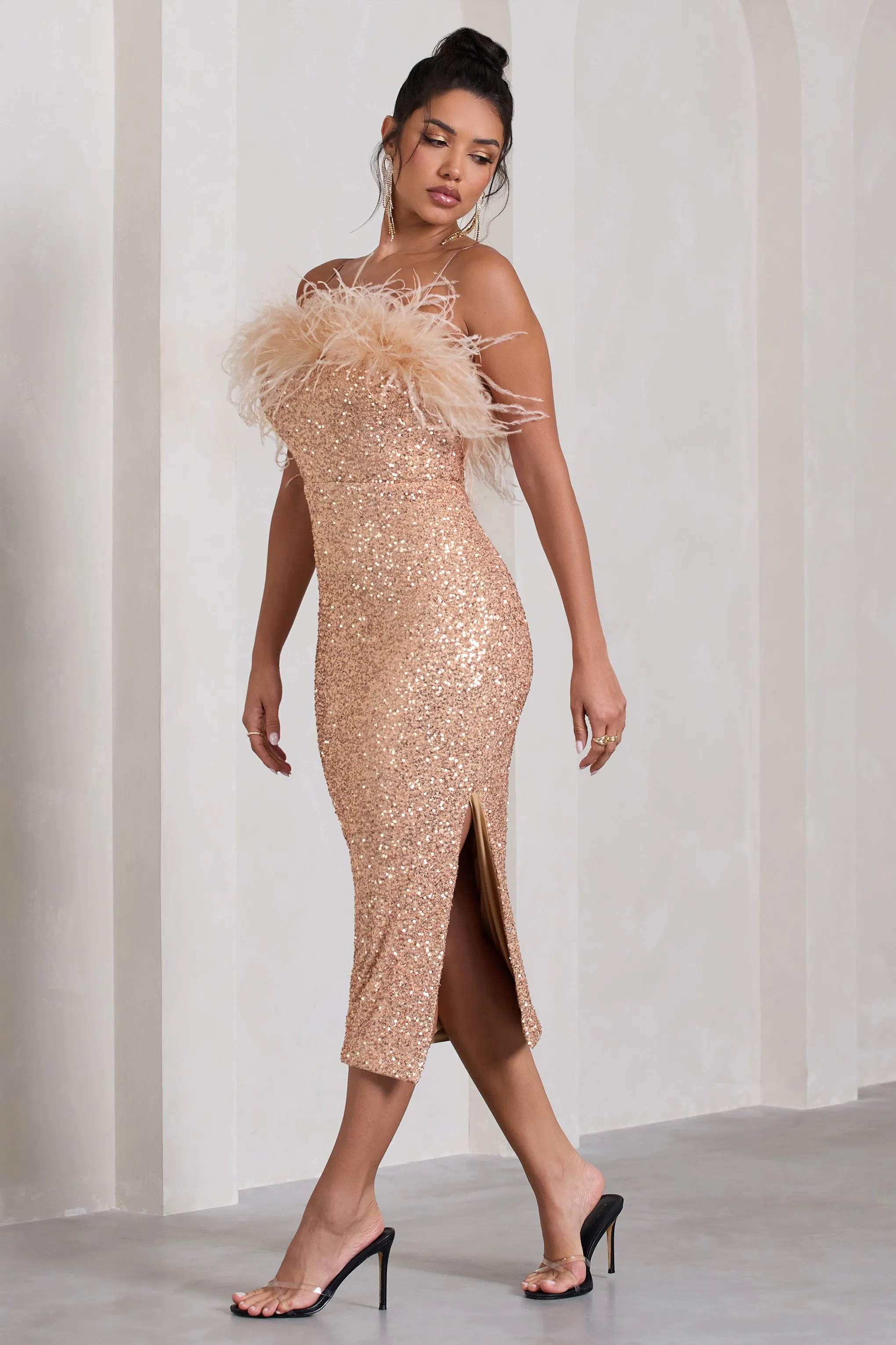 In Your Head | Rose Gold Sequin Strappy Midi Dress With Feathers