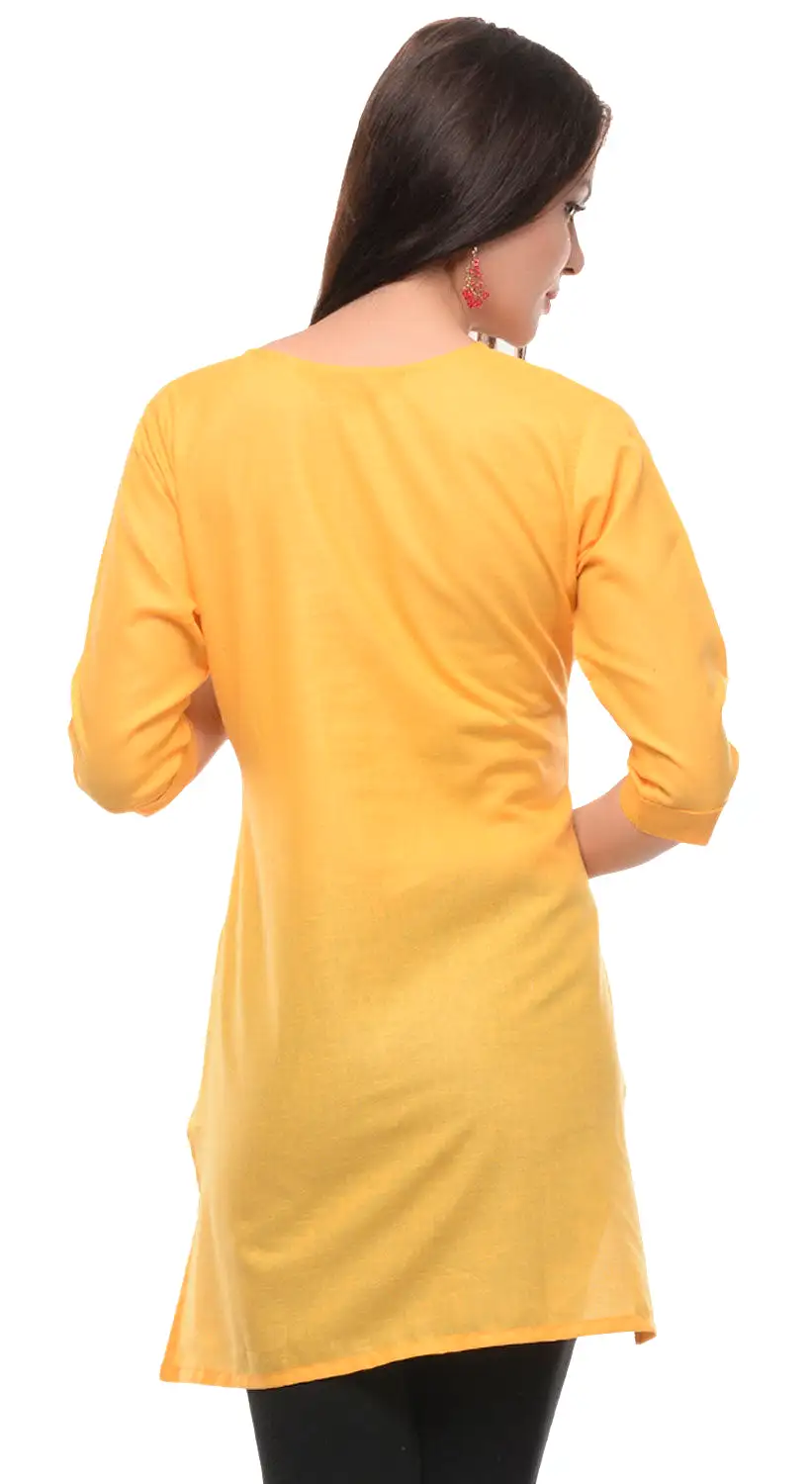 India Cotton Tunic Top  Kurti Womens Indian Clothing (Yellow)