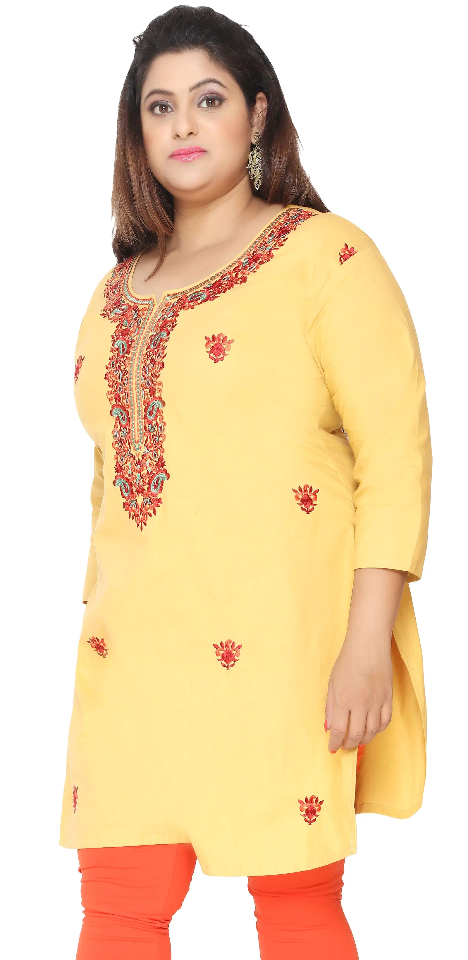 India Tunic Cotton Long Top Kurti Womens Plus Size Clothes (Yellow)