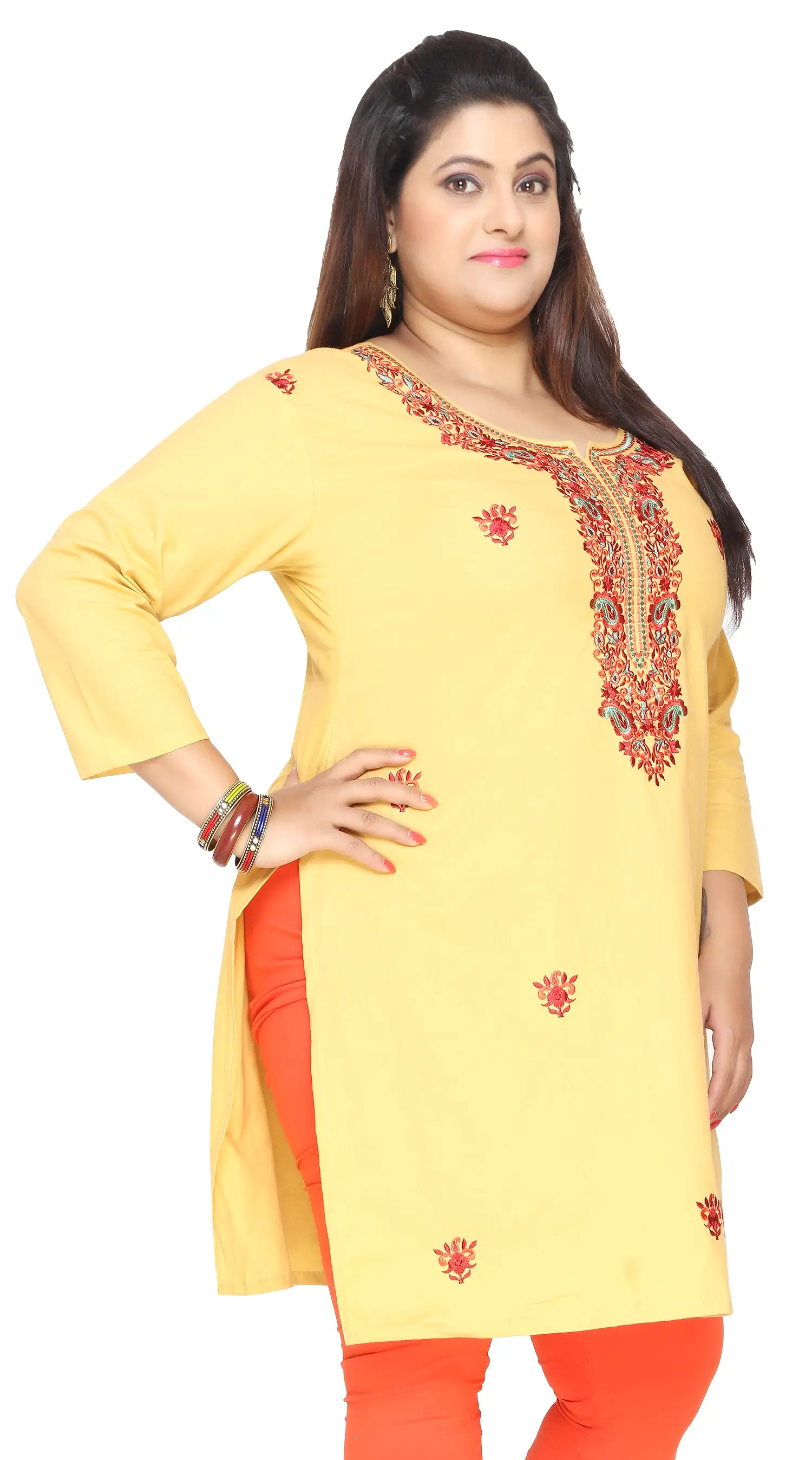 India Tunic Cotton Long Top Kurti Womens Plus Size Clothes (Yellow)