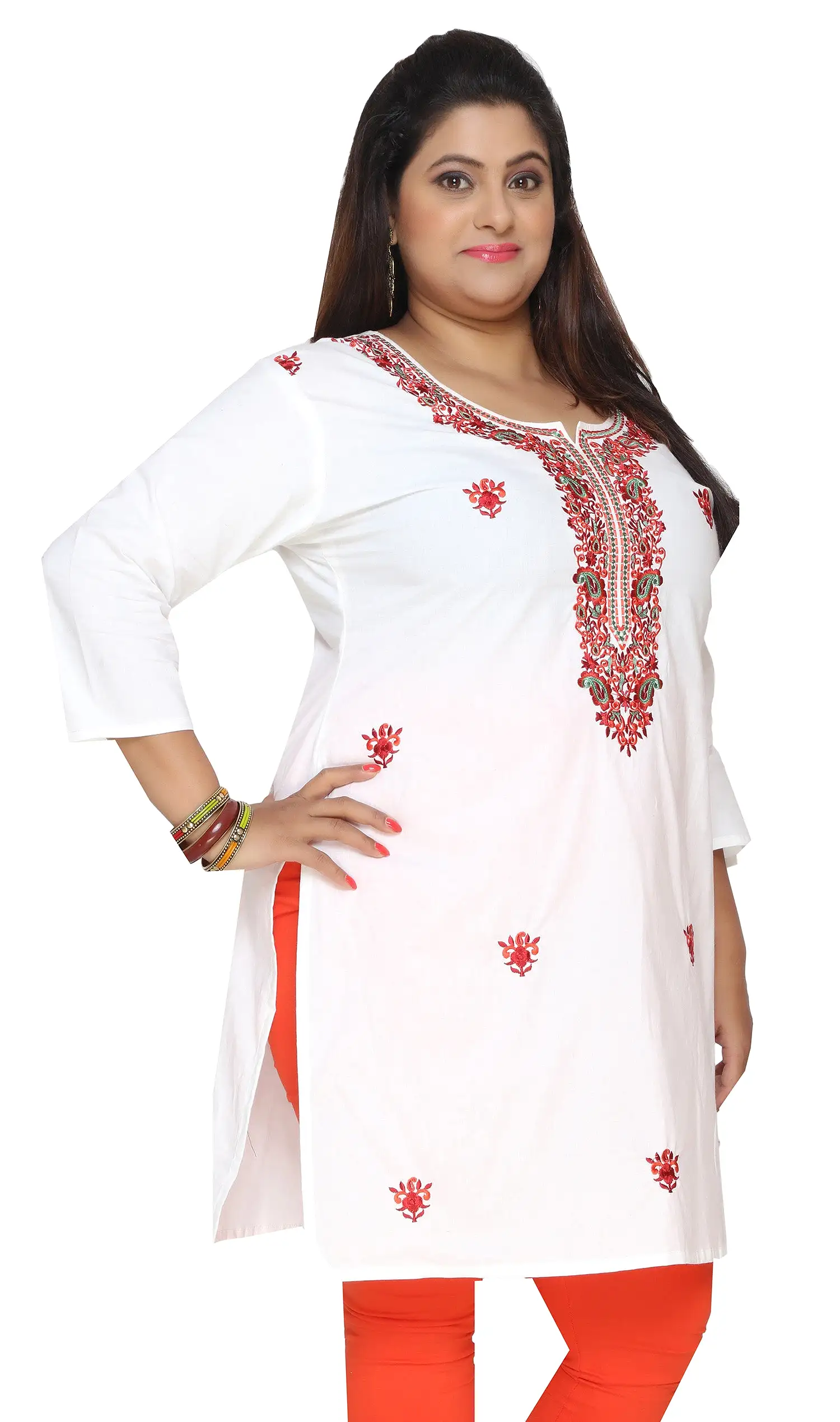 India Tunic Long Top Cotton Kurti Womens Plus Size Indian Clothes (Off-White)