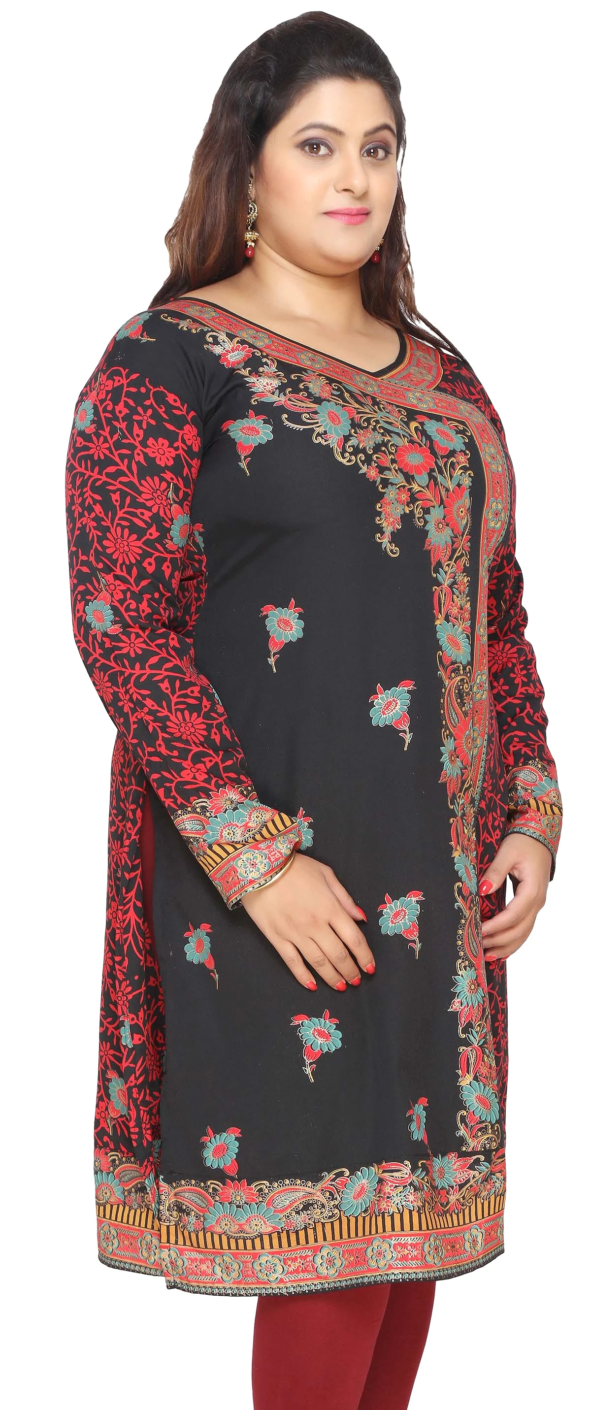 India Tunic Long Top Kurti Womens Plus Size Indian Clothes (Black)