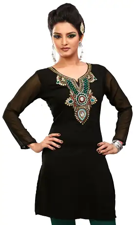 India Tunic Top Kurti Womens Long Party Dress Blouse Indian Apparel (Black)