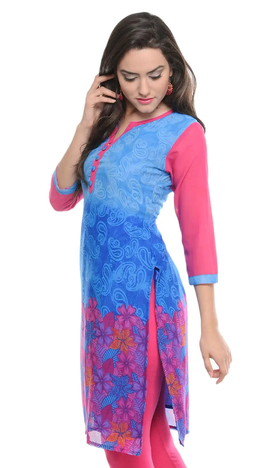 India Tunic Top Long  Kurti Georgette Womens Printed Indian Clothing (Blue)