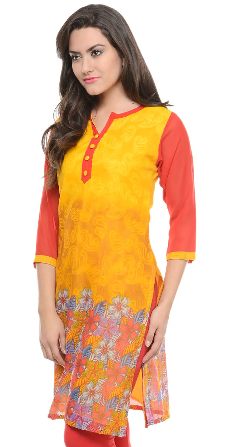 India Tunic Top Long Kurti Georgette Womens Printed Indian Clothing (Yellow)