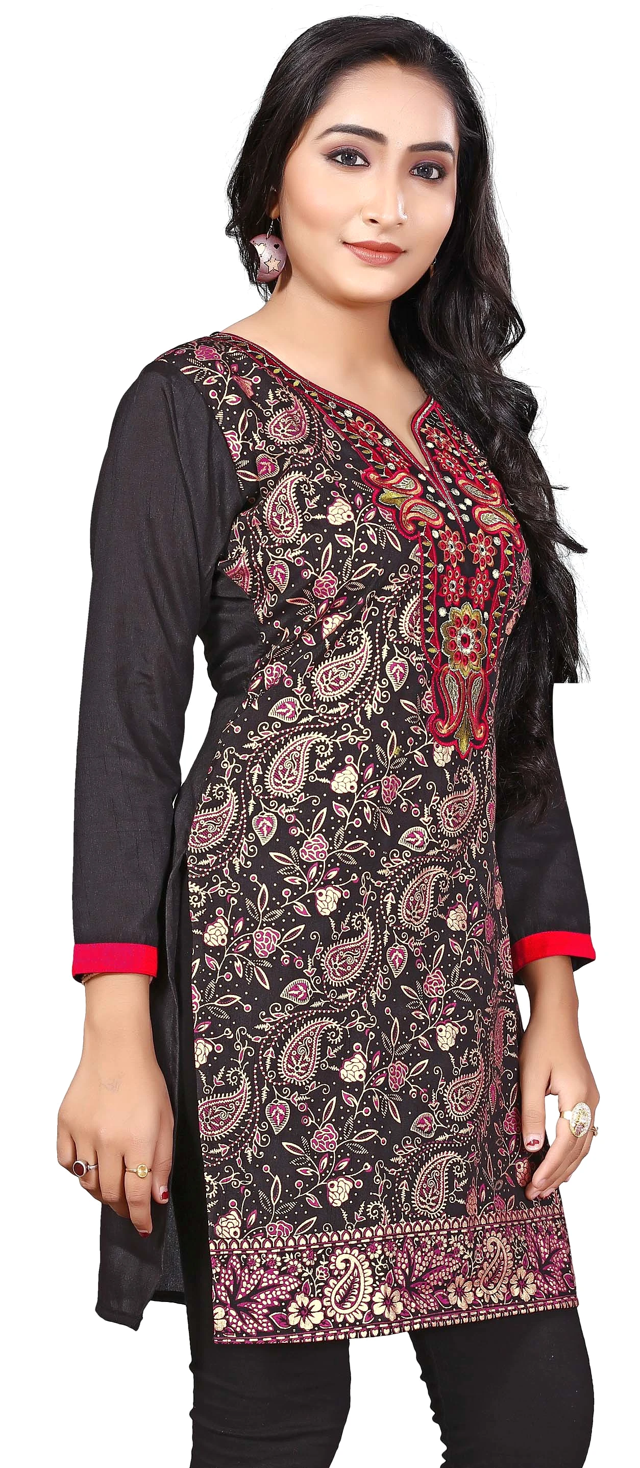 India Tunic Top Long  Kurti Womens Embroidered Indian Clothing (Black)