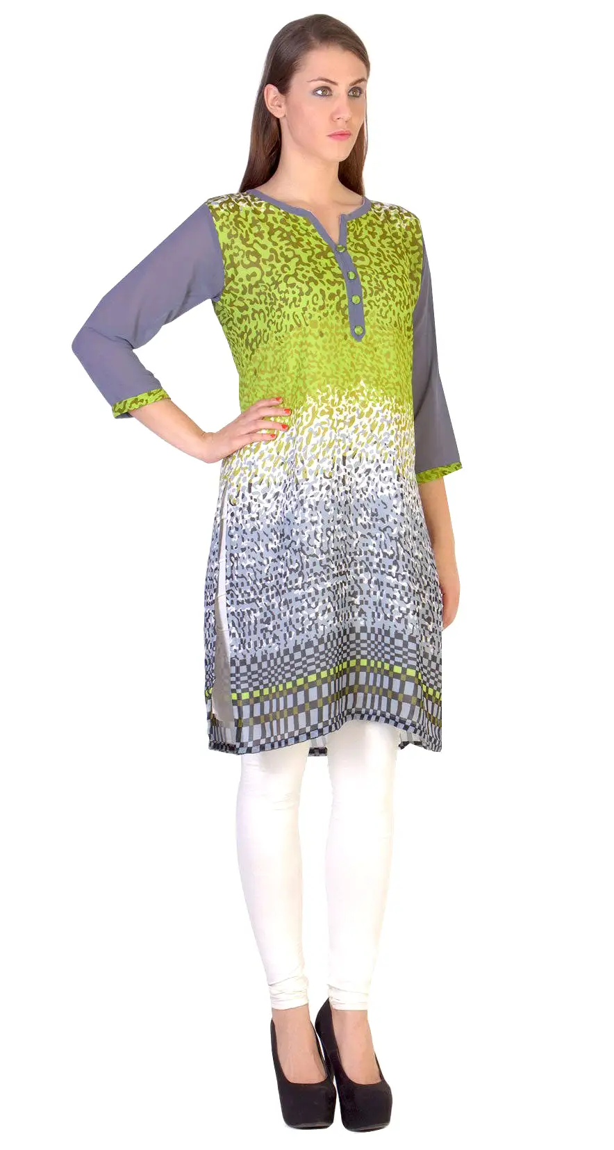 India Tunic Top Long Kurti Womens Georgette Printed Indian Clothing (Green)