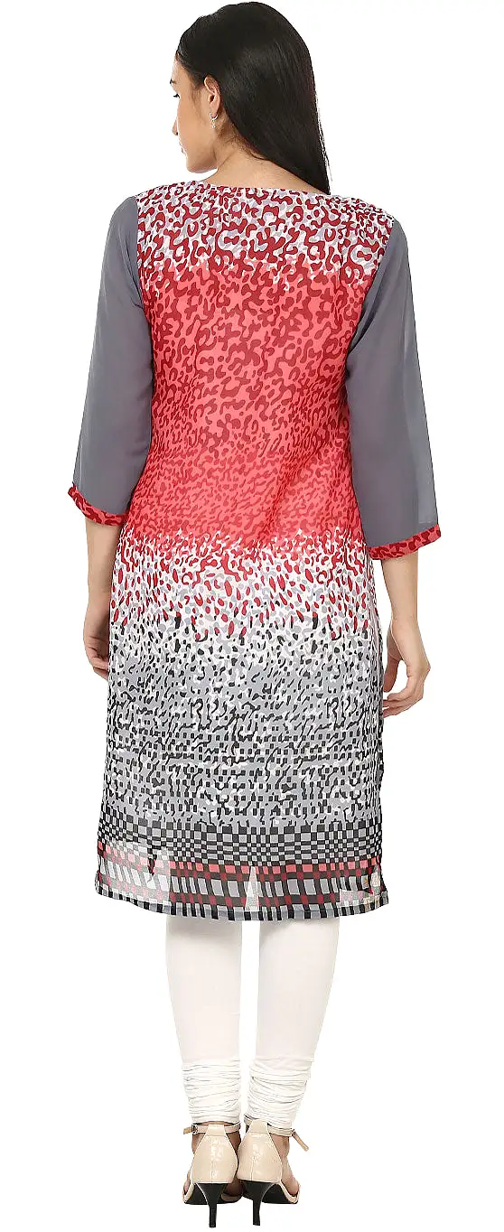 India Tunic Top Long Kurti Womens Georgette Printed Indian Clothing (Pink)