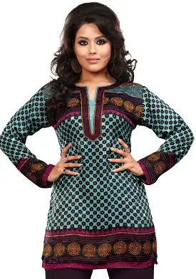 India Tunic Top Short Kurti Women's Printed Indian Clothing (Blue)