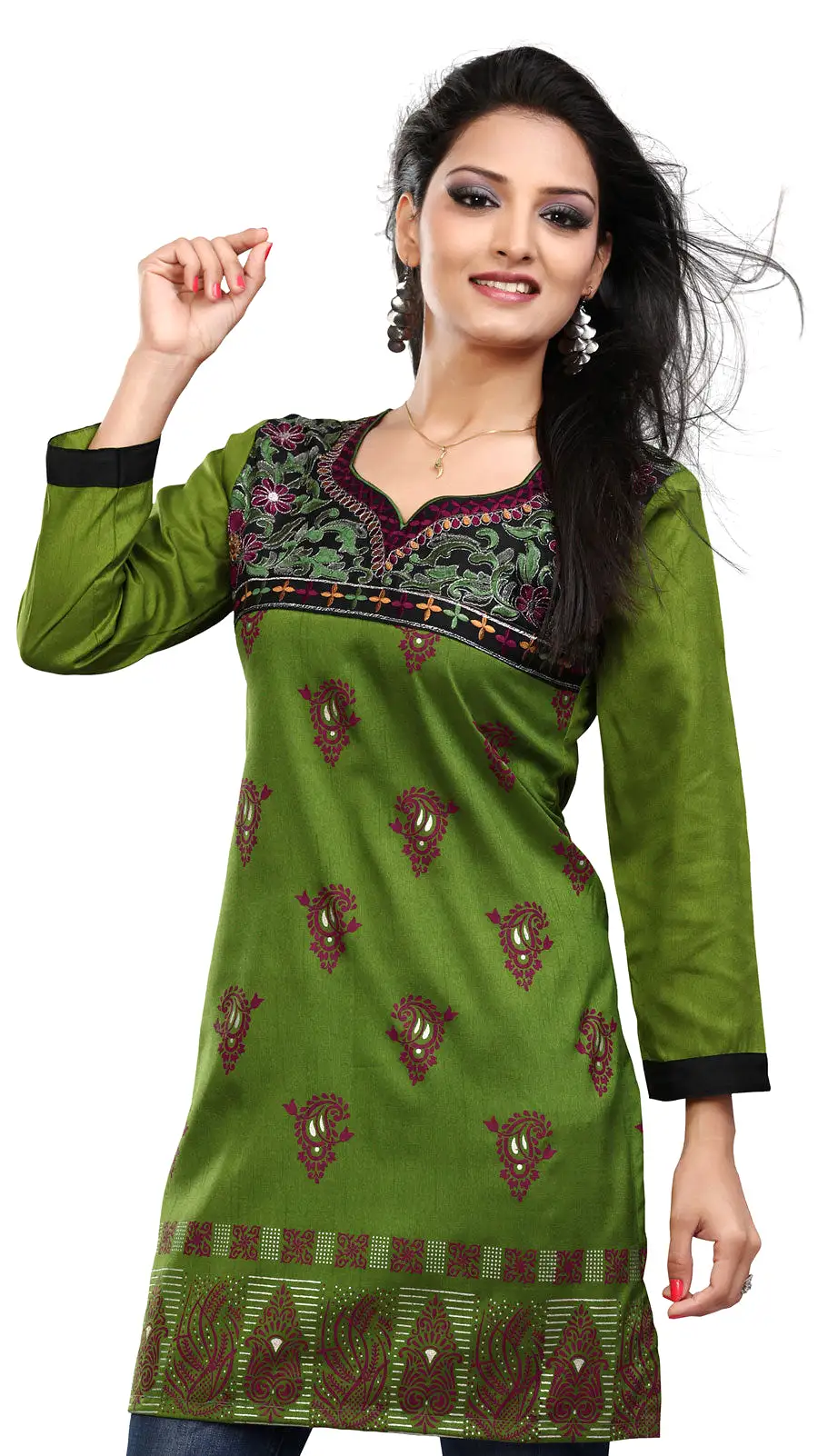 Indian Kurti Top Tunic Printed Womens Blouse India Clothes (Green)