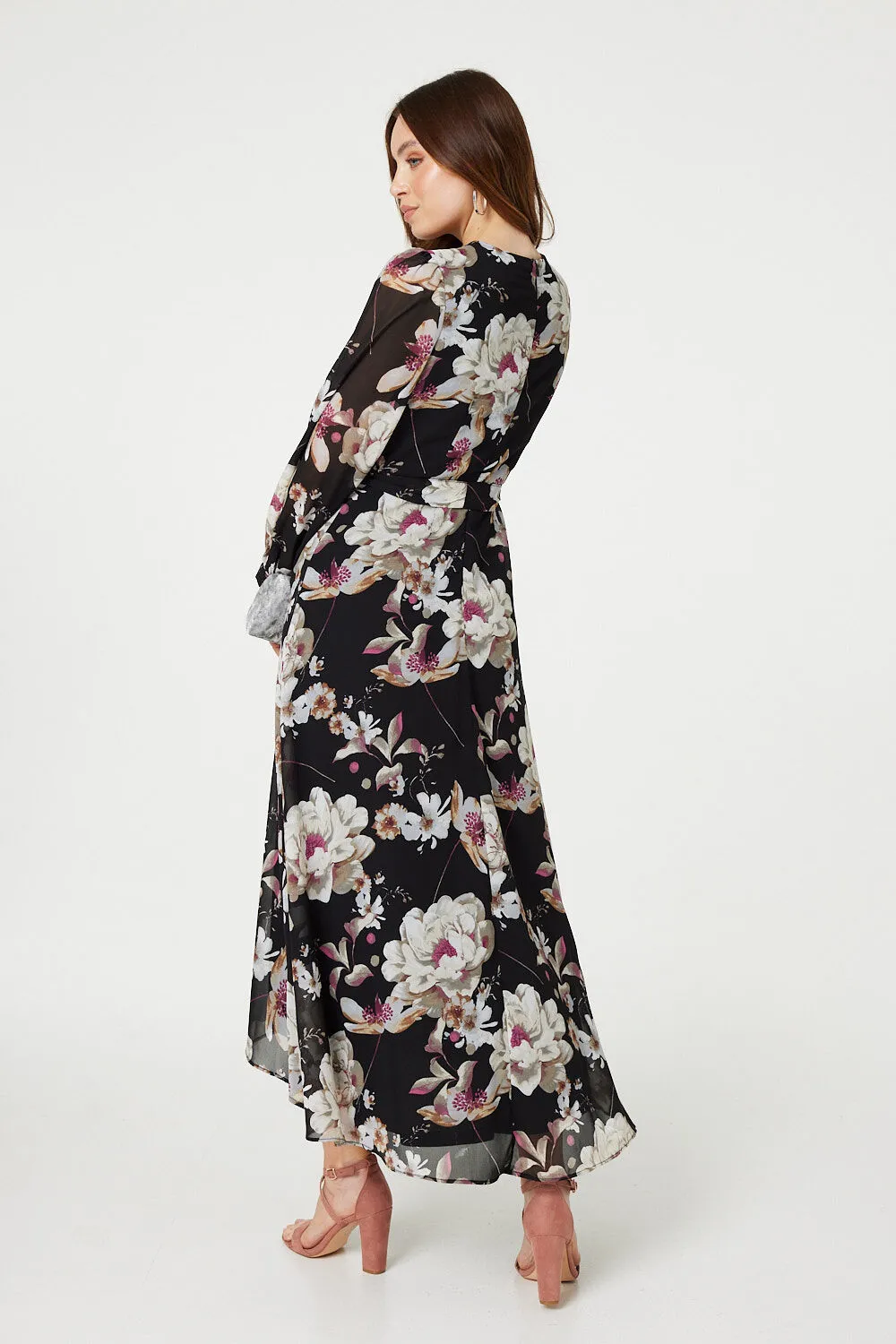 Izabel London – Floral Long Sleeve Tie Waist Wrap Midi Dress