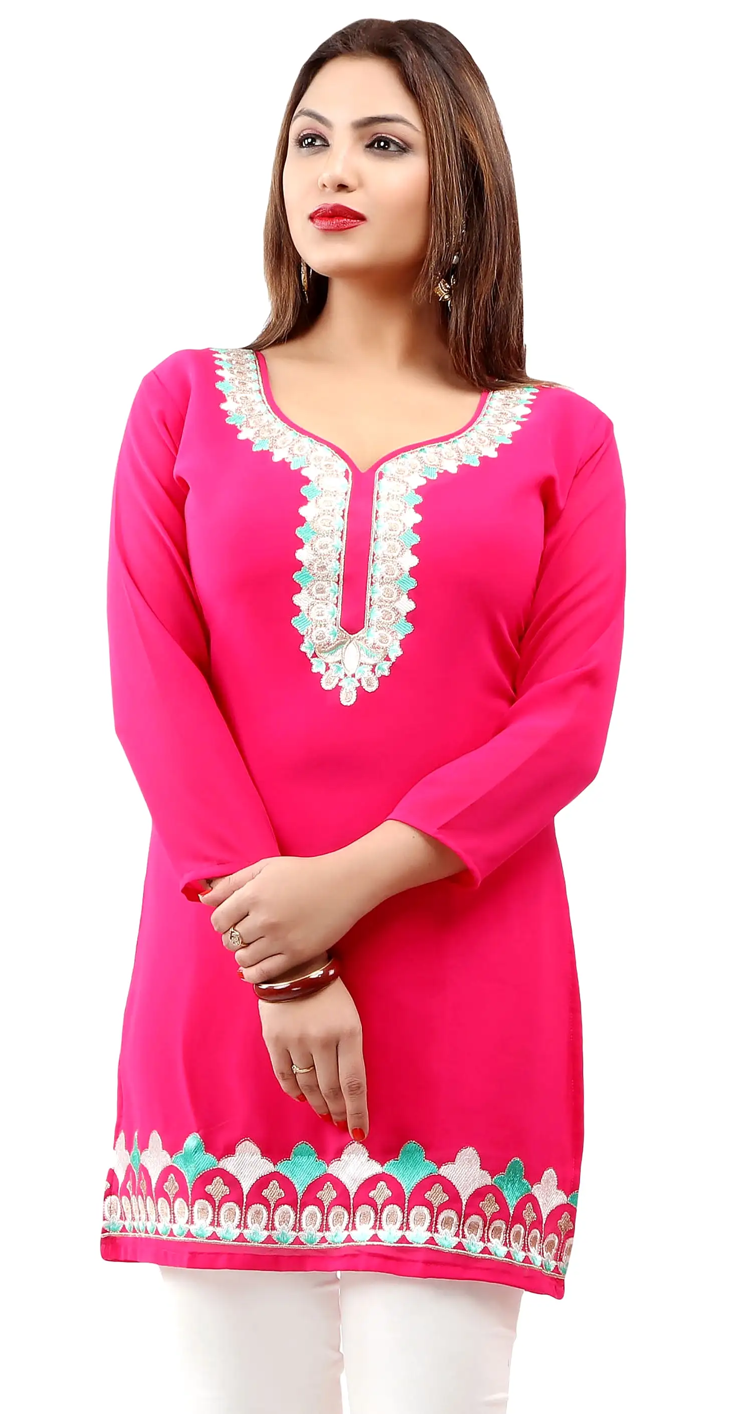 Kurti Top Tunic Blouse Women's Embroidered India Clothing (Pink)