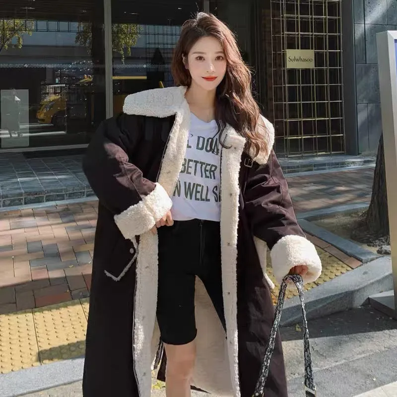 Lamb wool thickened parka women's mid-length 2023 winter new style Korean style loose knee-high cotton coat warm cotton coat