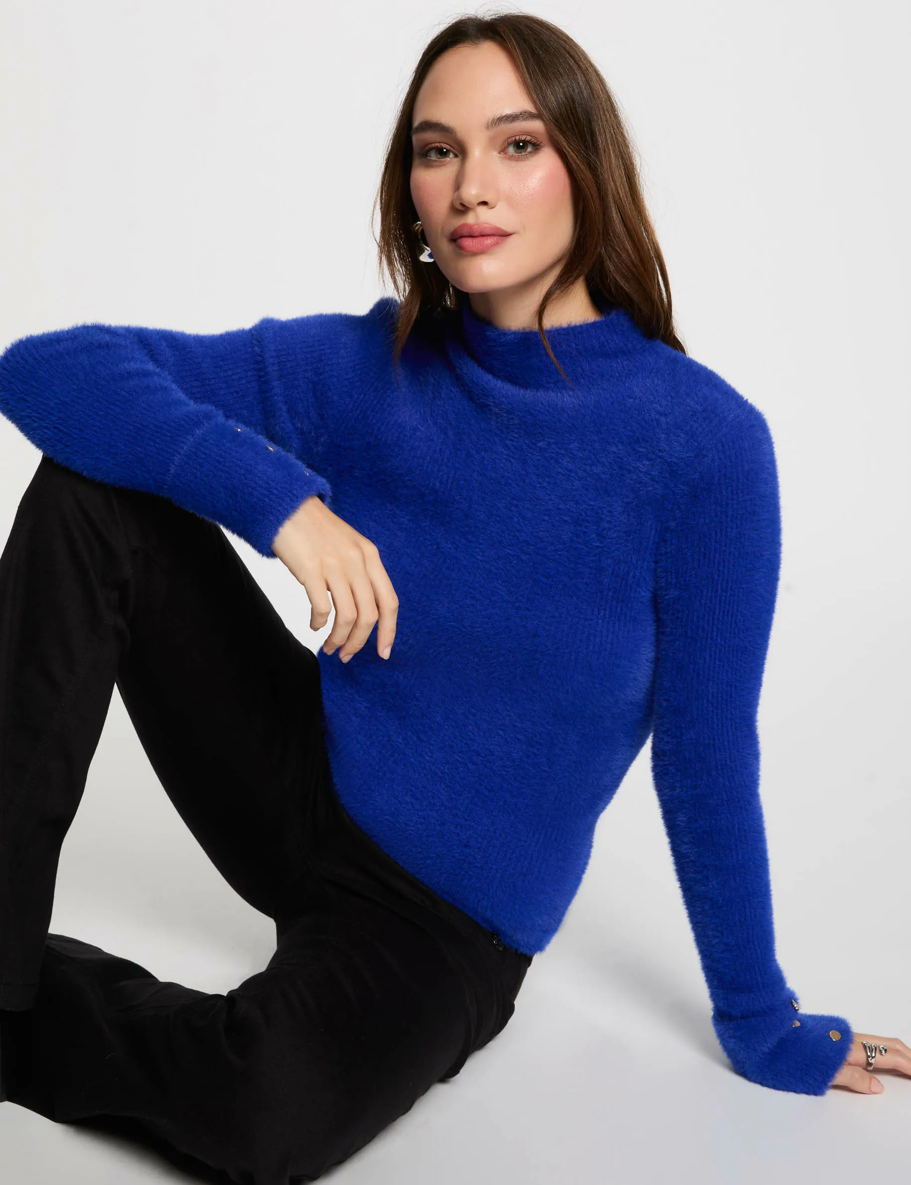 Long-sleeve fuzzy knit sweater blue women