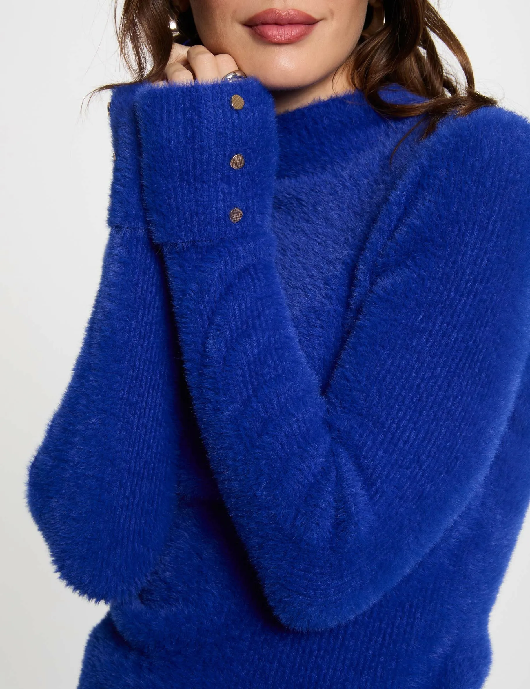 Long-sleeve fuzzy knit sweater blue women