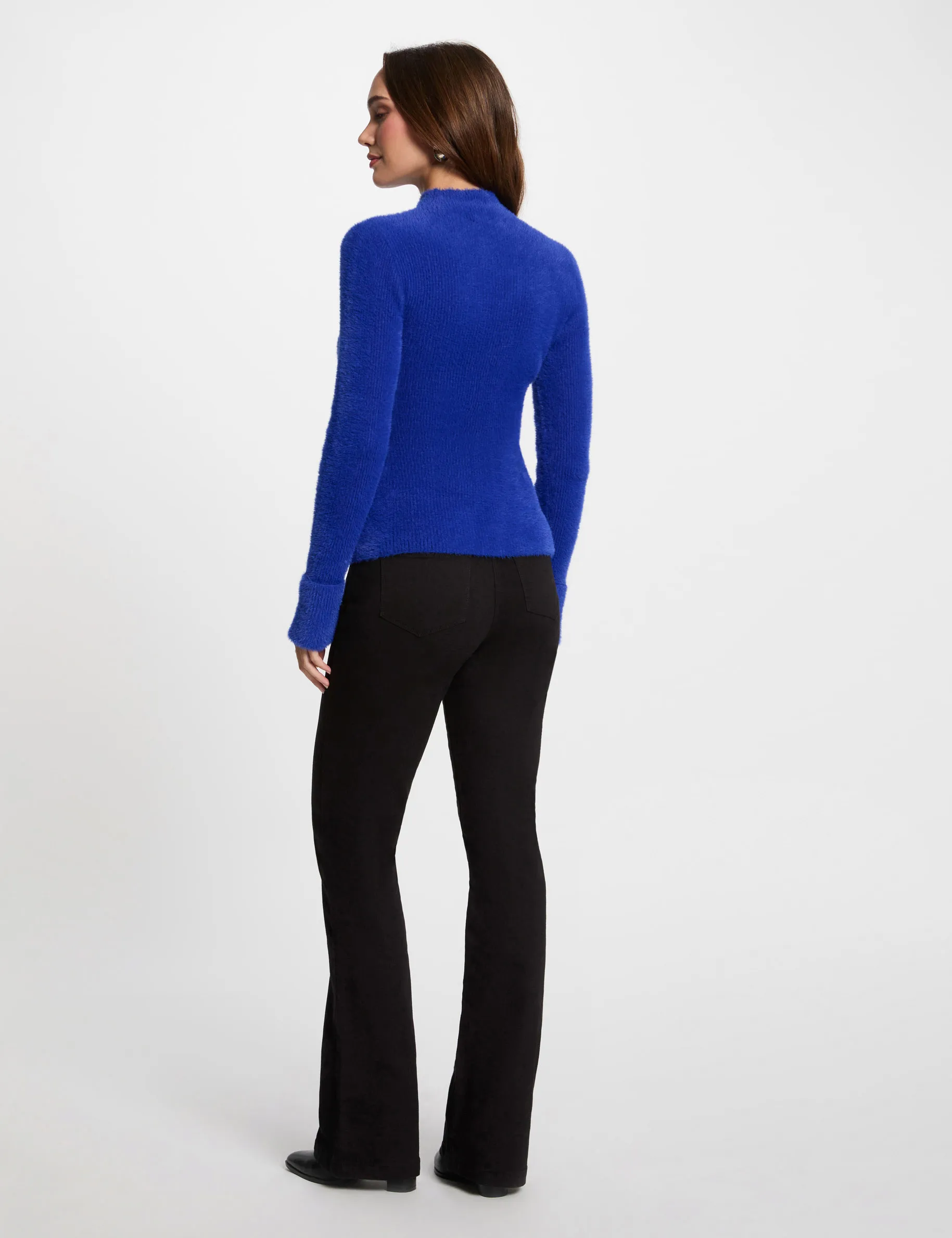 Long-sleeve fuzzy knit sweater blue women