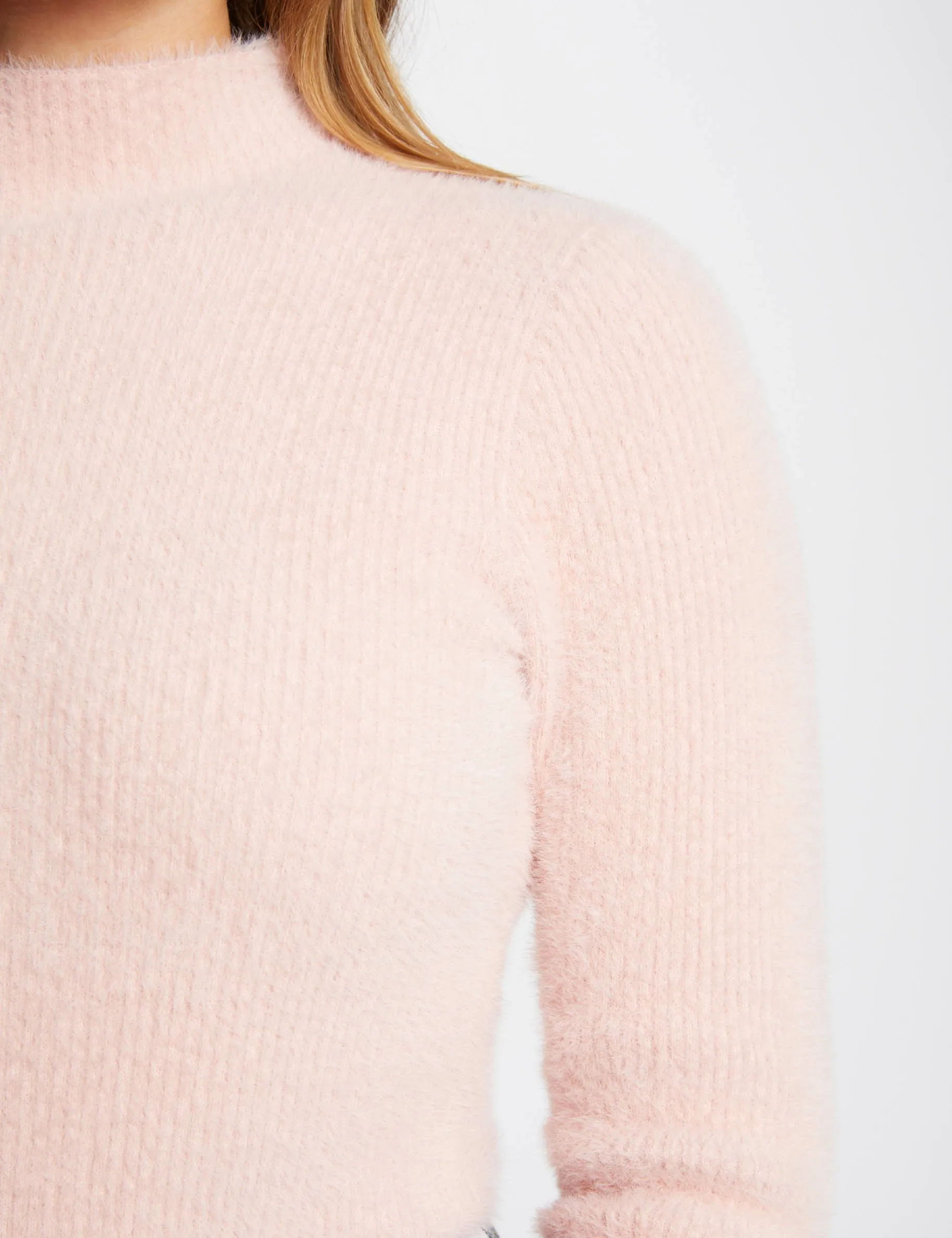 Long-sleeve fuzzy knit sweater light pink women