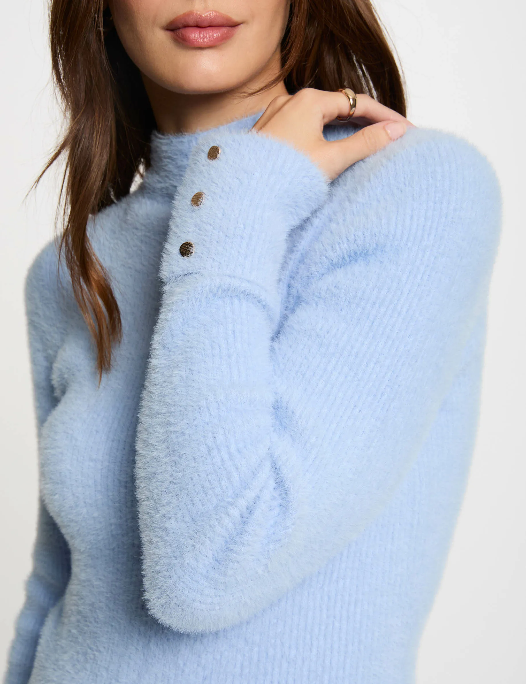 Long-sleeve fuzzy knit sweater sky blue women