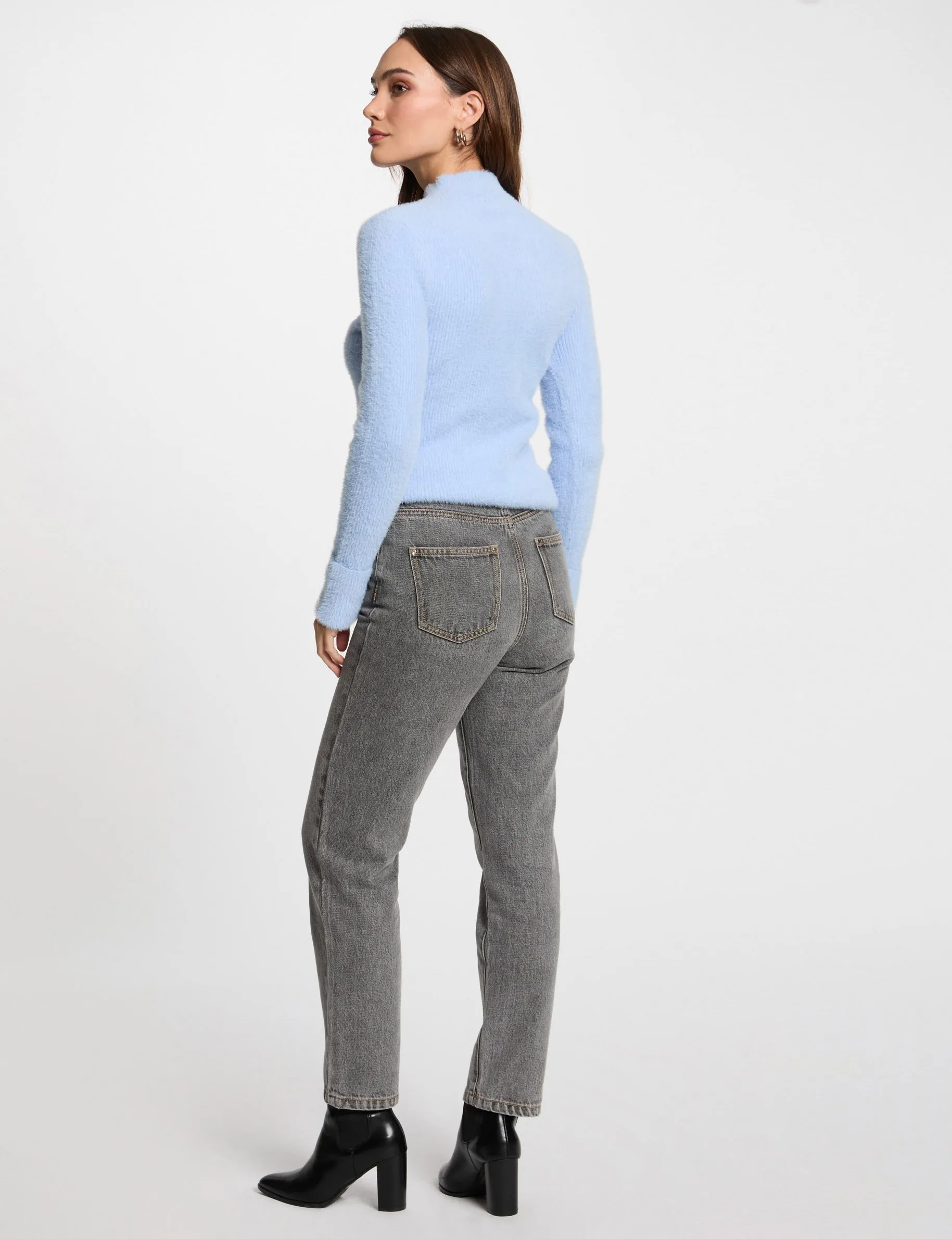 Long-sleeve fuzzy knit sweater sky blue women