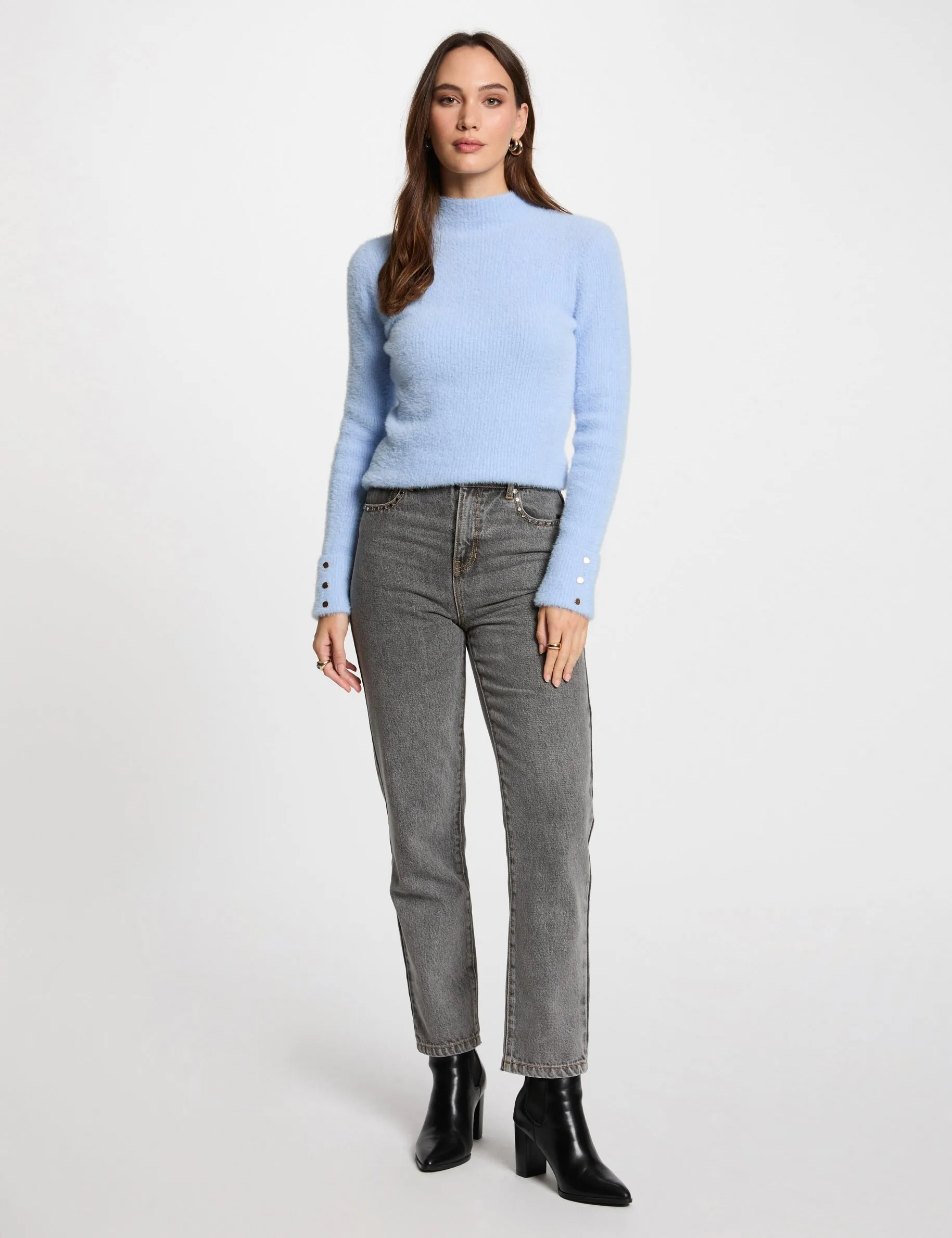 Long-sleeve fuzzy knit sweater sky blue women