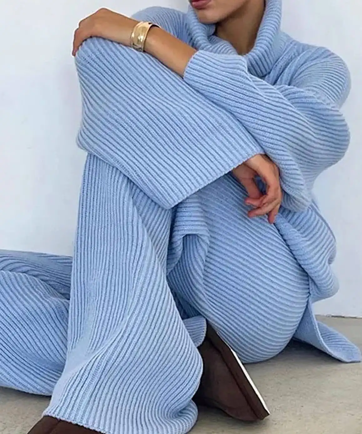 Loose Turtleneck Sweater and High Waisted Wide Leg Pants Coord Set