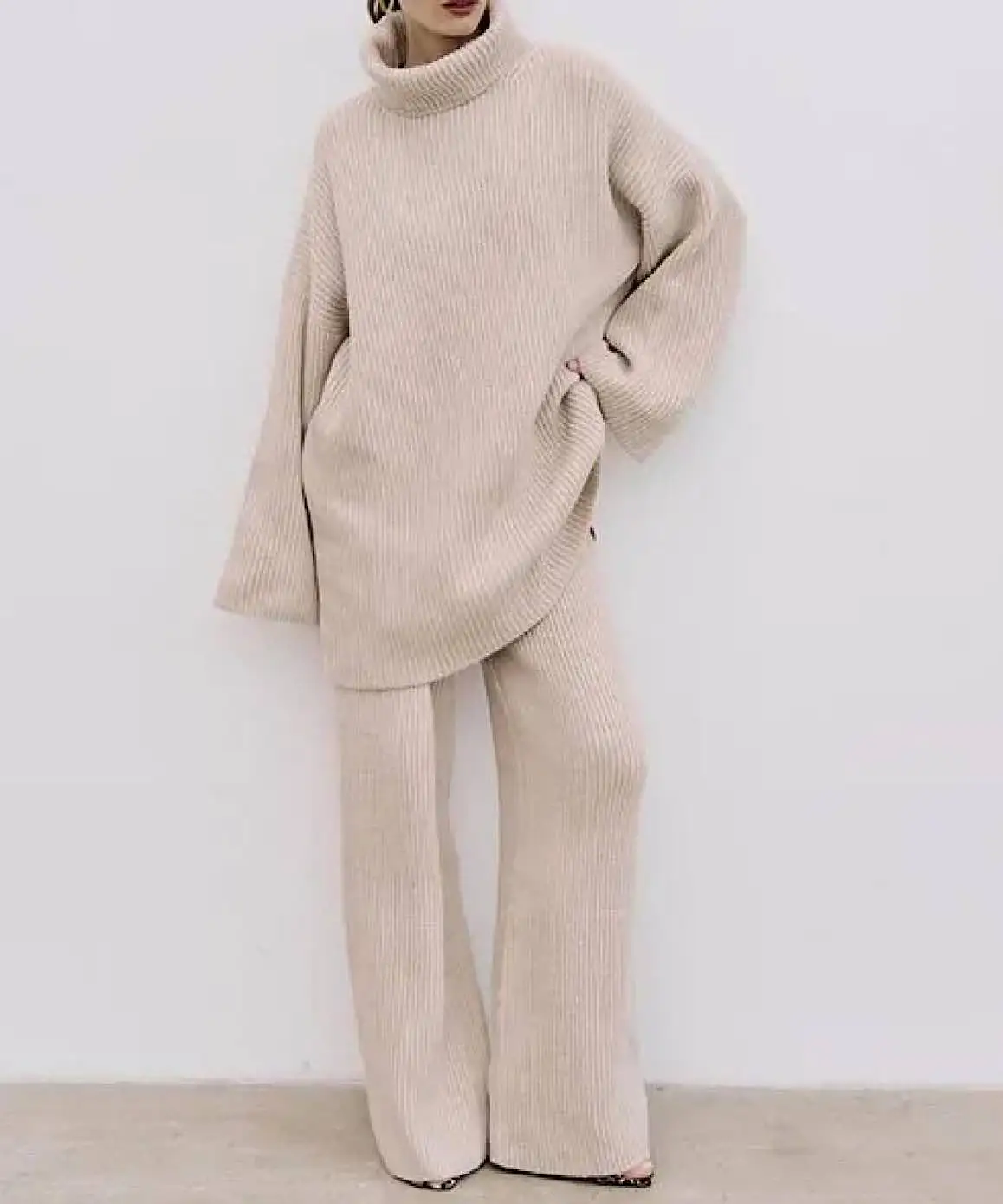 Loose Turtleneck Sweater and High Waisted Wide Leg Pants Coord Set