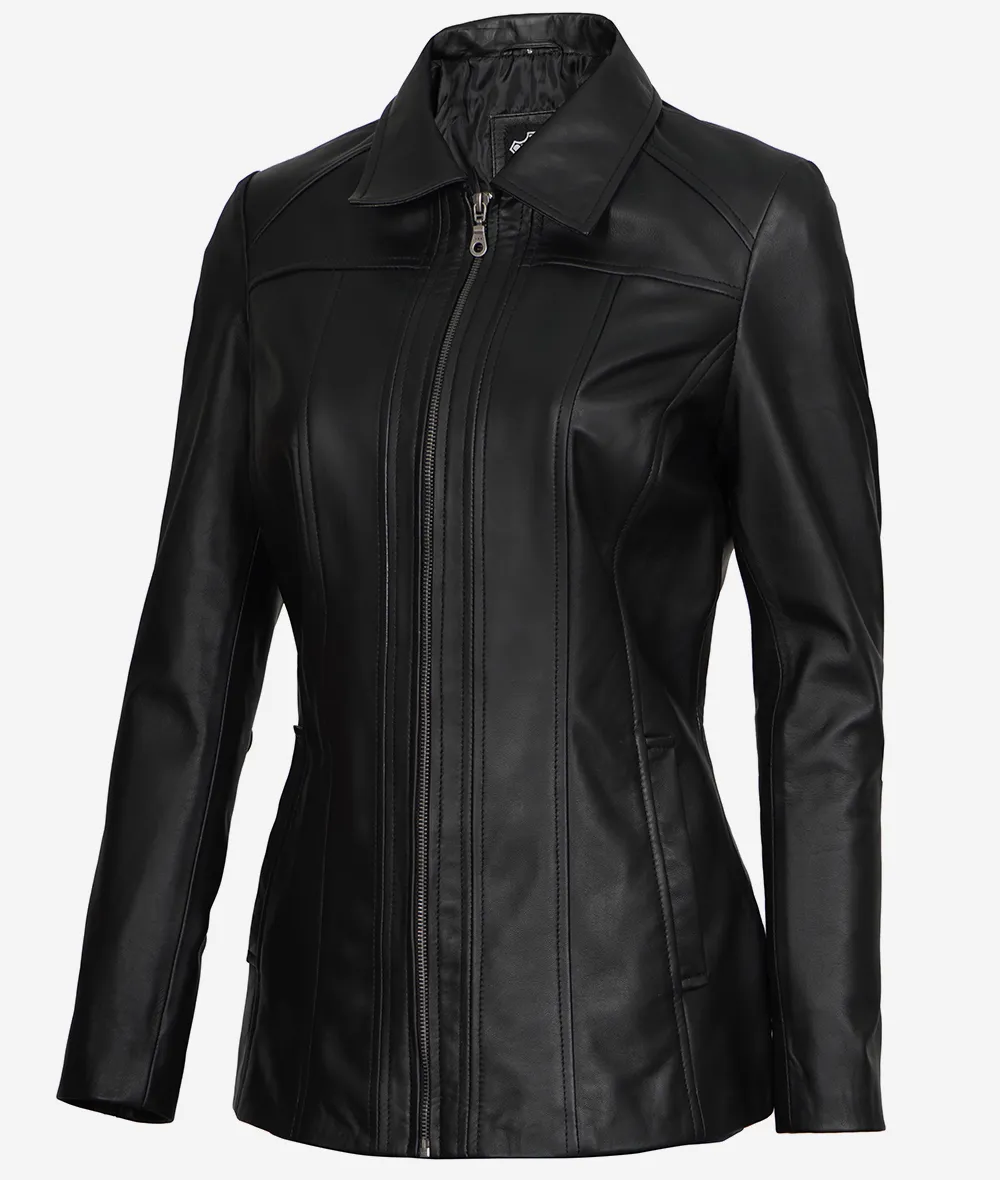 Marsha Womens Black Three Quarter Long Leather Coat