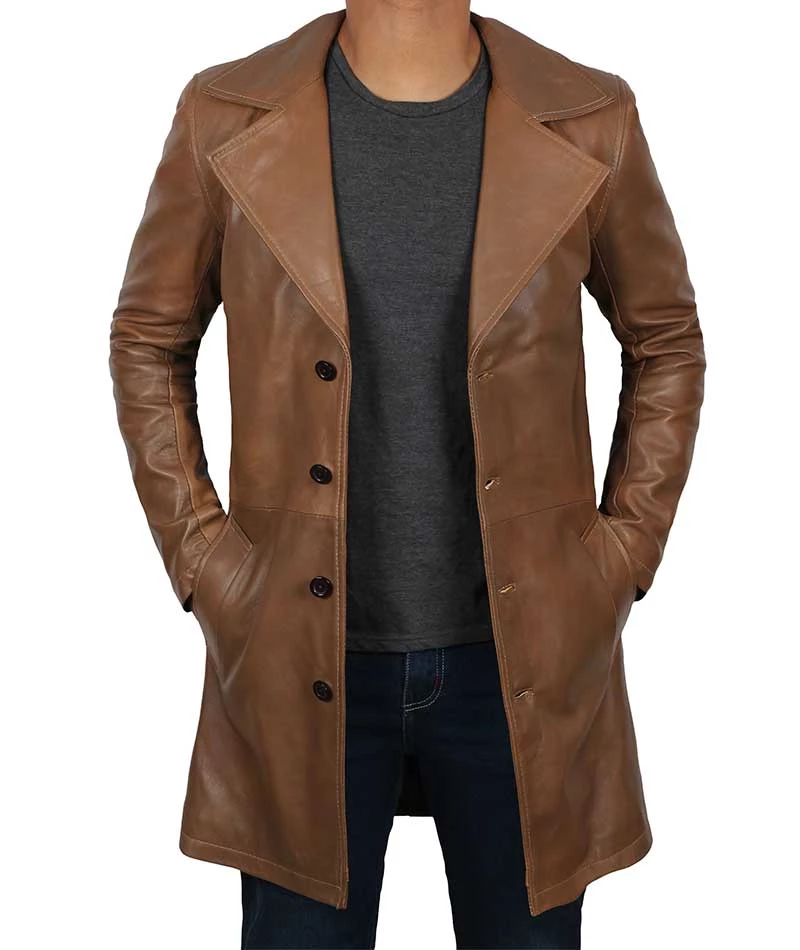 Men's 3 4 Length Brown Leather Car Coat