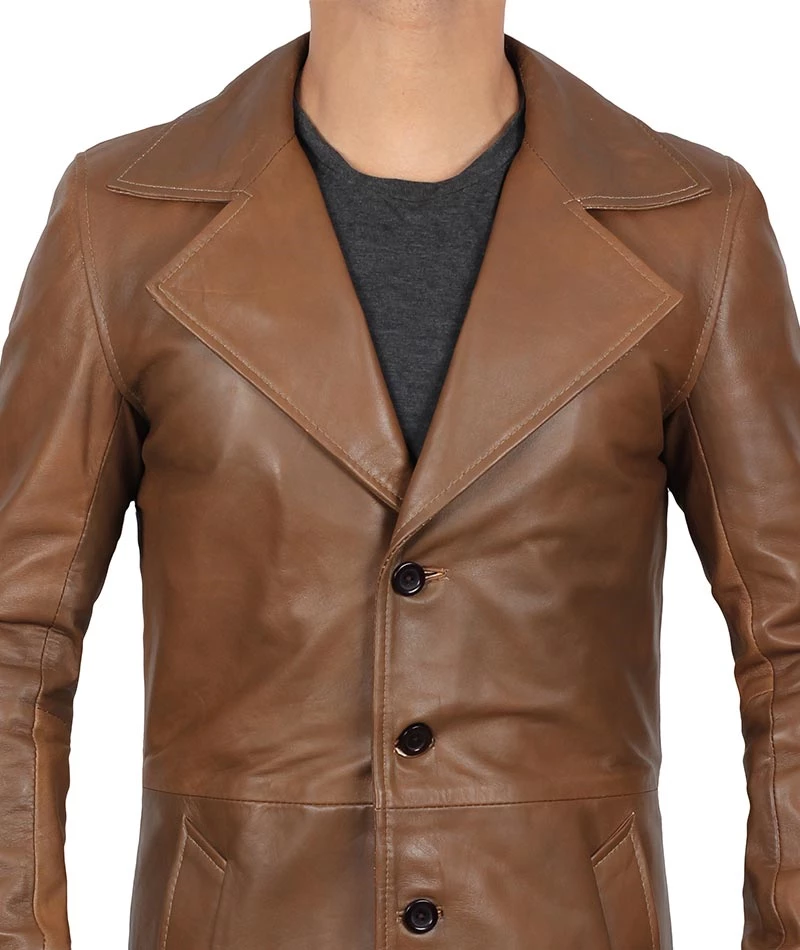 Men's 3 4 Length Brown Leather Car Coat