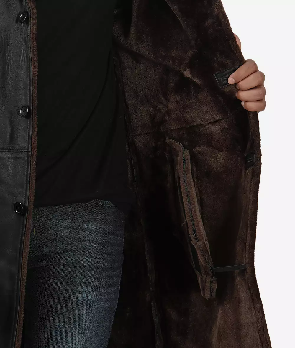 Men's 3/4 Length Black Shearling Coat - Winter Coat