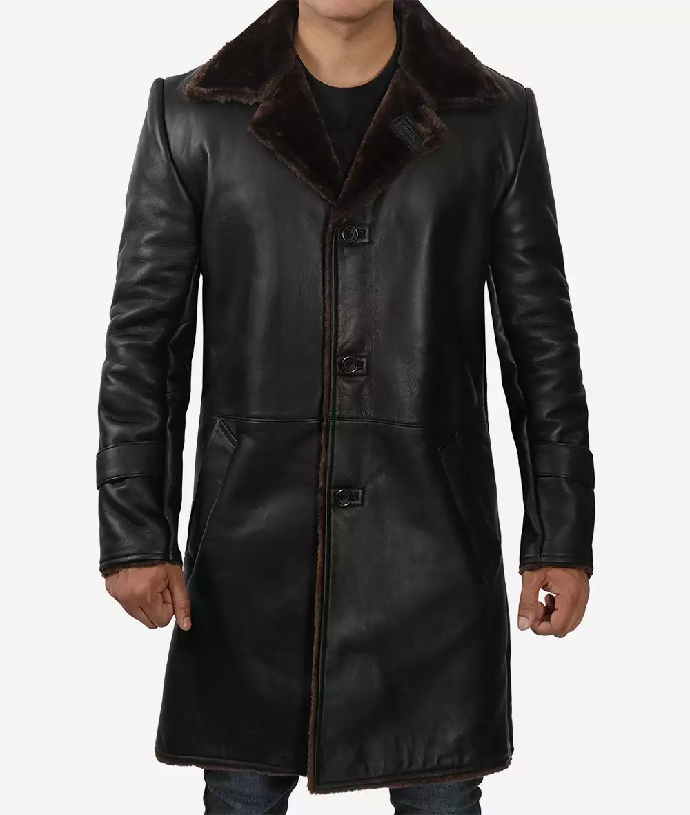 Men's 3/4 Length Black Shearling Coat - Winter Coat