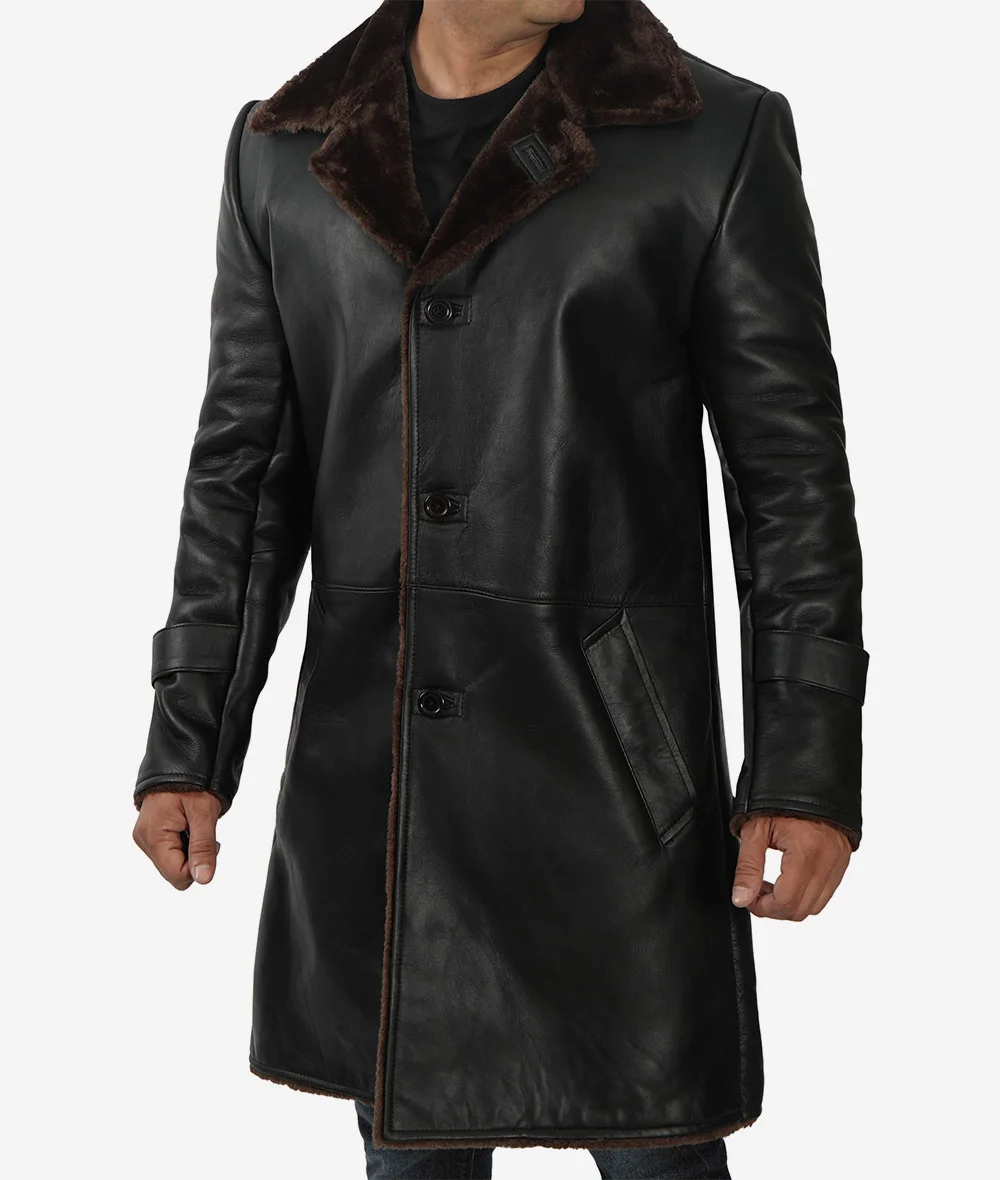 Men's 3/4 Length Black Shearling Coat - Winter Coat