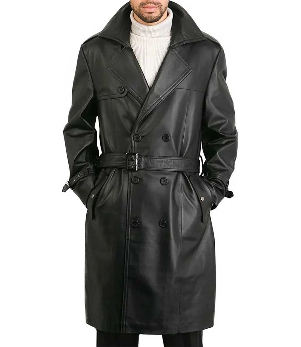 Men's Belted Double Breasted Black Leather Trench Coat