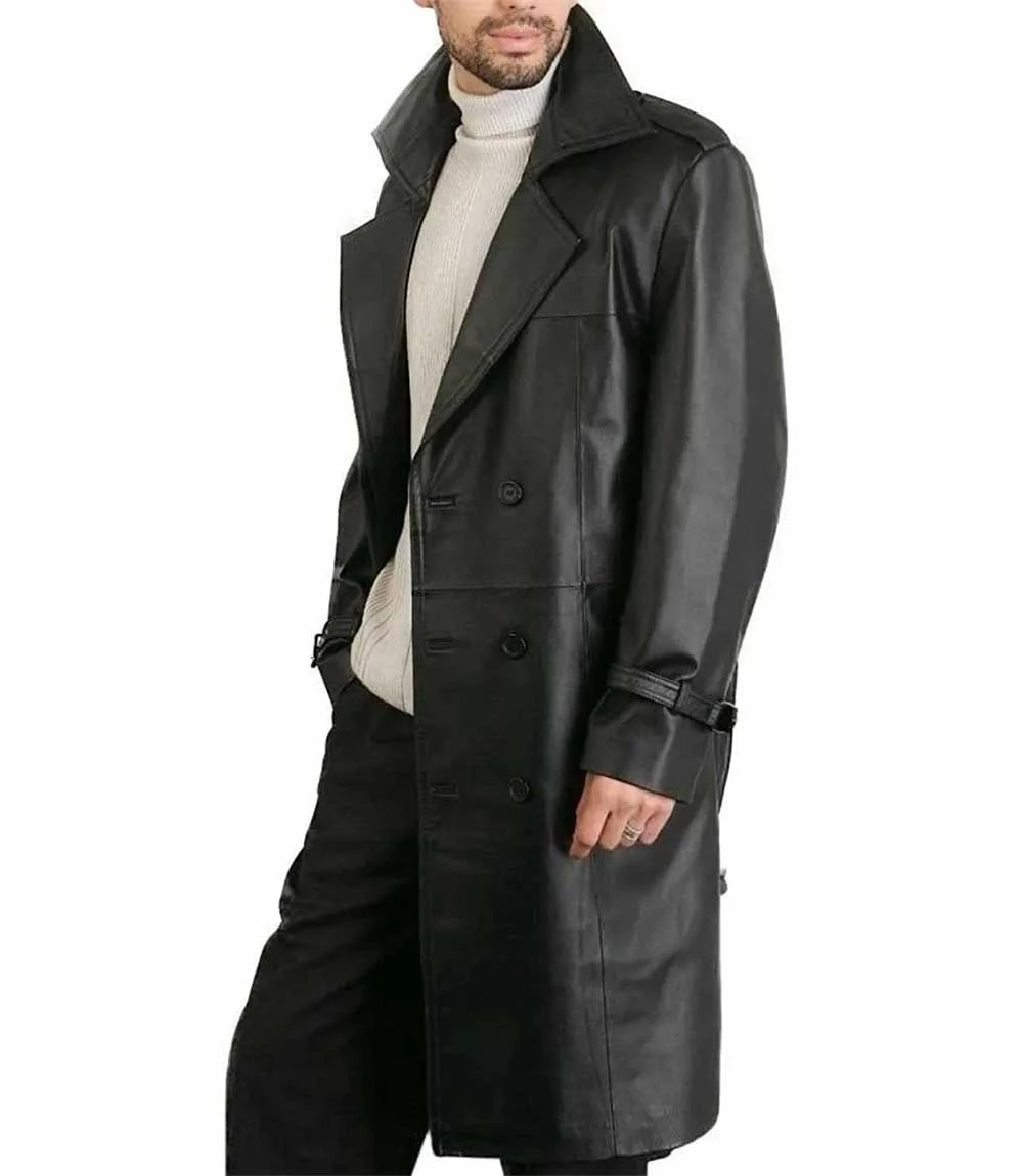 Men's Belted Double Breasted Black Leather Trench Coat