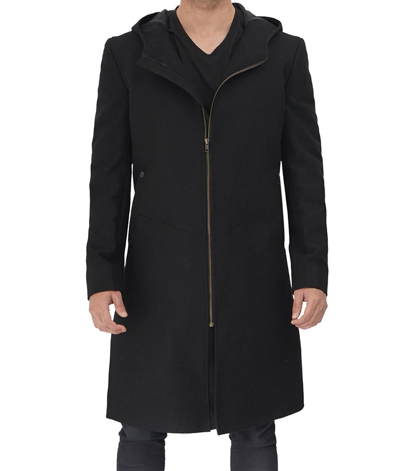 Men's Black Modern Fit Wool Hooded Coat with Zip Closure