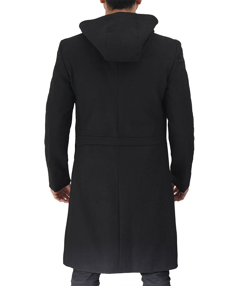 Men's Black Modern Fit Wool Hooded Coat with Zip Closure