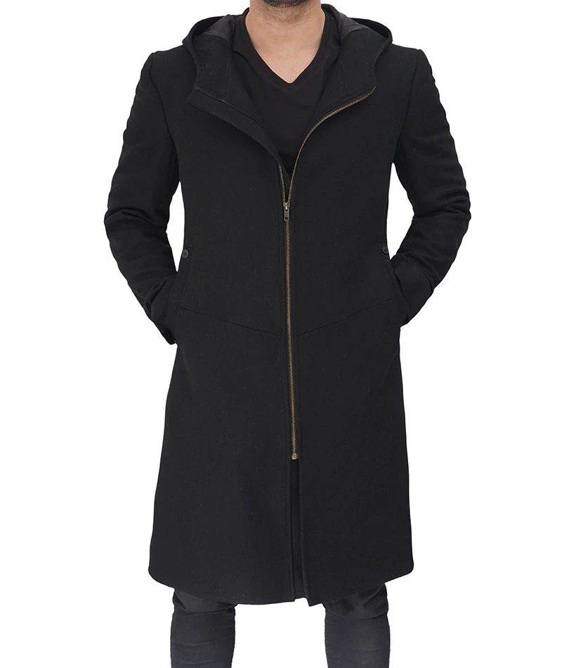 Men's Black Modern Fit Wool Hooded Coat with Zip Closure