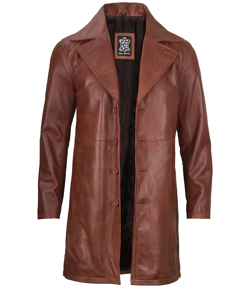 Men's Cognac Brown Real Leather Car Coat