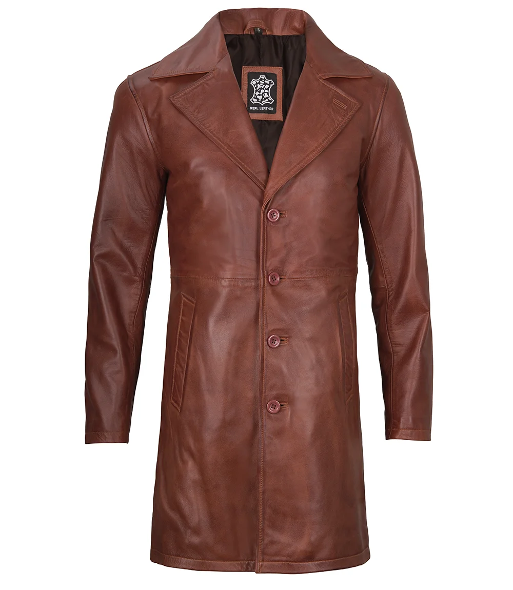 Men's Cognac Brown Real Leather Car Coat