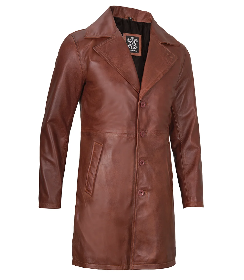 Men's Cognac Brown Real Leather Car Coat