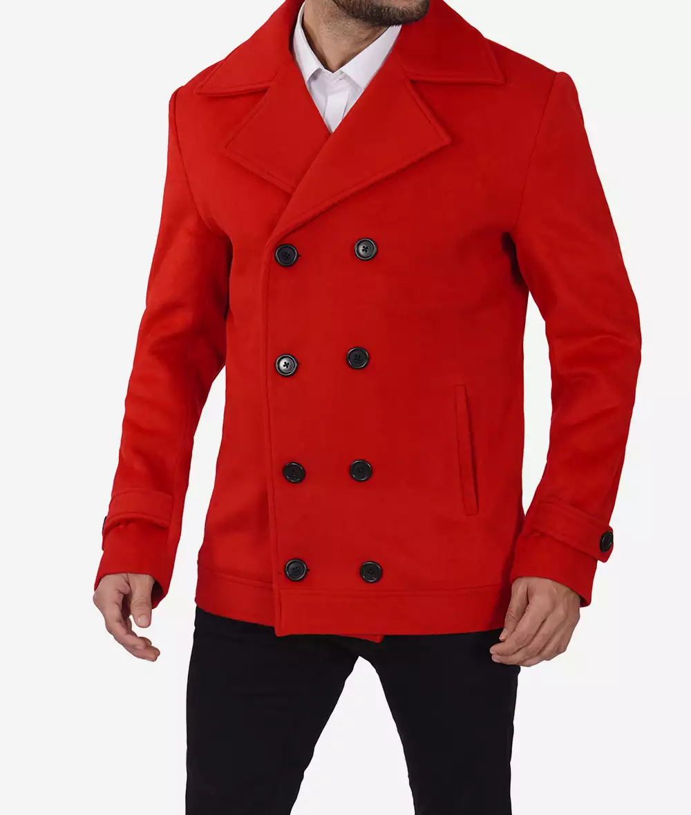 Men's Double Breasted Wool Red Pea Coat - Few Left